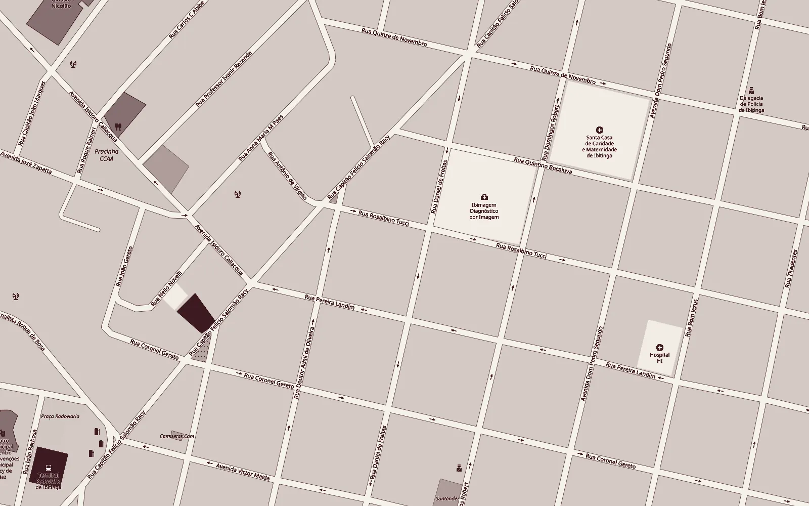 Mapa do Centro de Ibitinga com a localização da clínica na Rua Daniel de Freitas